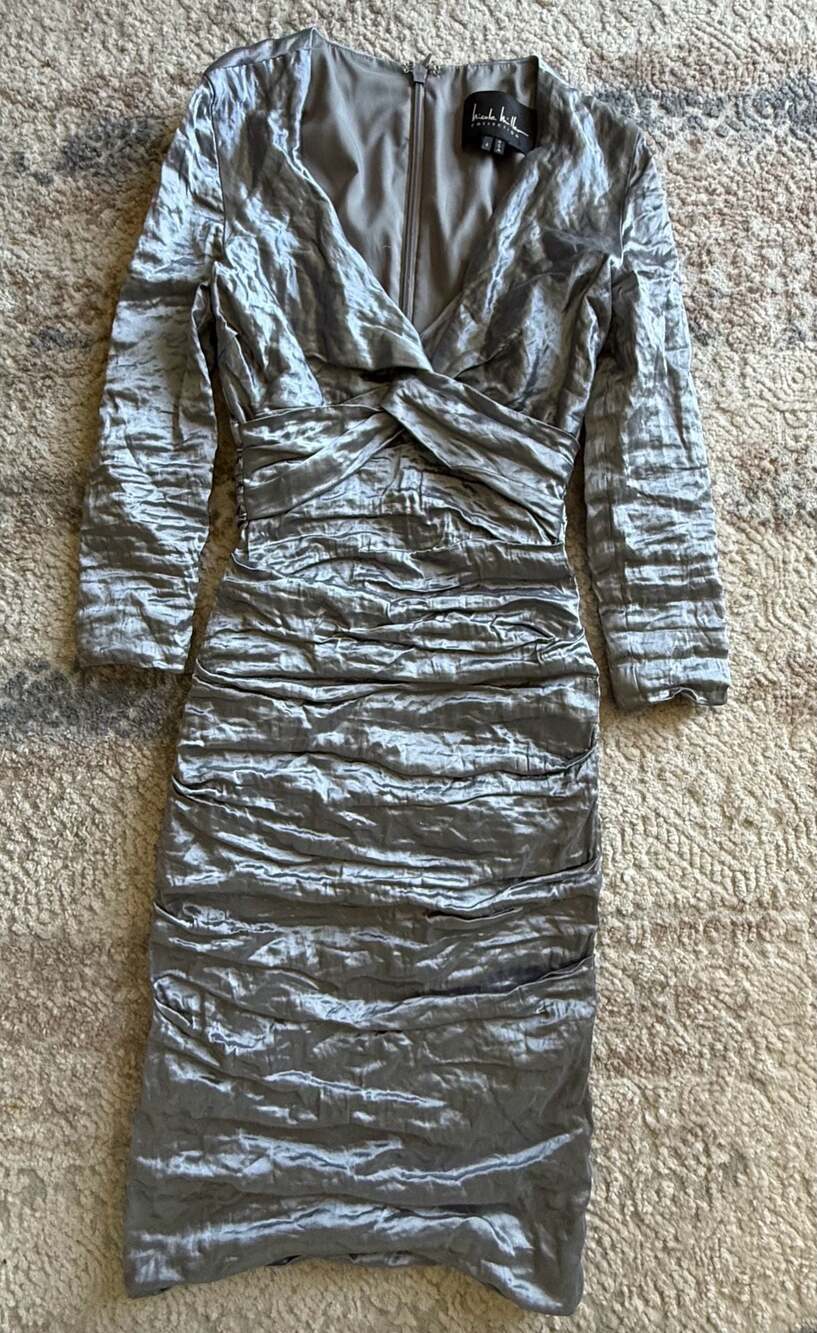 Nicole Miller Collection Metallic Ruched Crinkle Long Sleeve Midi Dress